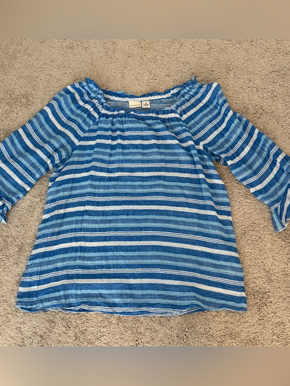 Westbound Women Blue White Striped Boho Peasant Blouse Shirt Top Smocked Ruffle - Picture 4 of 8